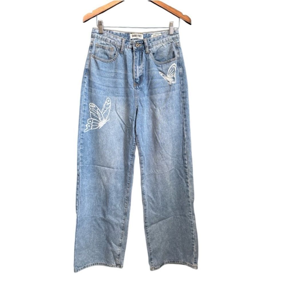 Skinny Fries Super High Rise Wide Leg Light Wash Butterfly Print Jeans Size 7